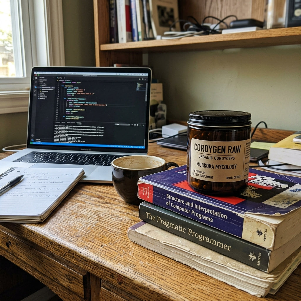 CORDYGEN jar on a rustic study desk